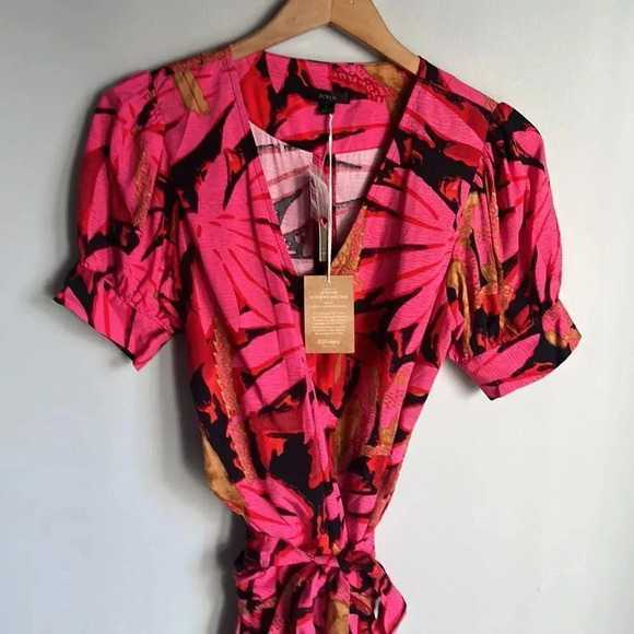 NEW J Crew Luxurious Red Gold Burgundy Palm Faux Wrap Midi Dress - Picture 6 of 13